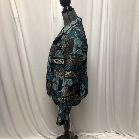 Dressbarn Jacket Womens Medium Brown Teal Patchwork Tapestry Design Blazer READ - Picture 3 of 9